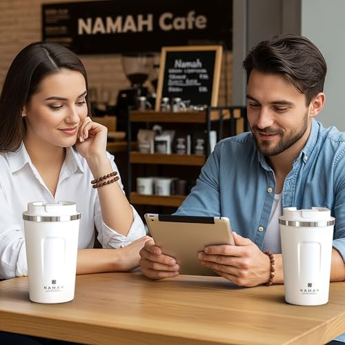 Image of Namah Insulated Coffee Mug Travel with Lid - 380ML Stainless Steel Coffee Tumbler Cup for Office & Home, Leak Resistant Matte Finish Hot & Cold Travel Coffee Mug for Men & Women Girls Gift- White