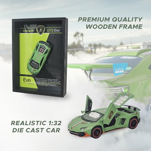 Image of CodersParadise Lamborghini Huracan EVO Green 3D Car Frame Wall Art- 1:32 Die-Cast Metal Model with Wooden Display Frame| Detachable Miniature, Interchangeable Posters, Pull-Back Action & Opening Doors