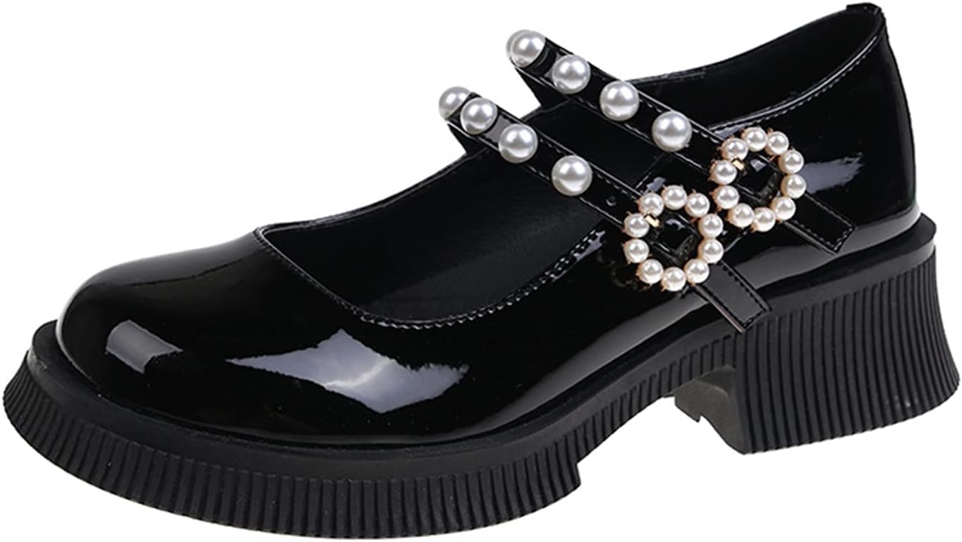 JINQUE Womens Mary Janes Formal Round Toe Shallow Mouth Wear Resistent Low-Top Square Heel Buckle Strap Lolita Cosplay Womens Leather Shoes