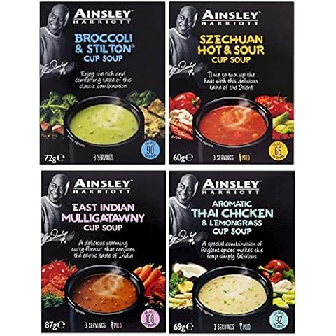 Ainsley Harriott Cup Soup Variety Pack of 4 | 3 Sachets in each Box | Broccoli & Stilton, Szechuan Hot & Sour, East Indian Mulligatawny, Thai Chicken & Lemongrass Cover