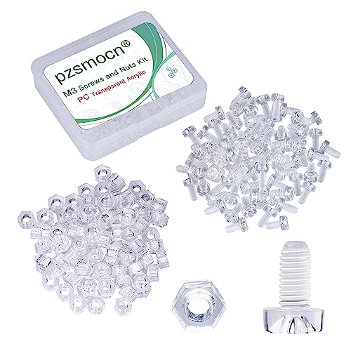 Pzsmocn 200 Pieces/100 Sets M3*6 mm PC Transparent Plastic Cross-recessed Round Head Screws and Hexagonal Nuts Kit