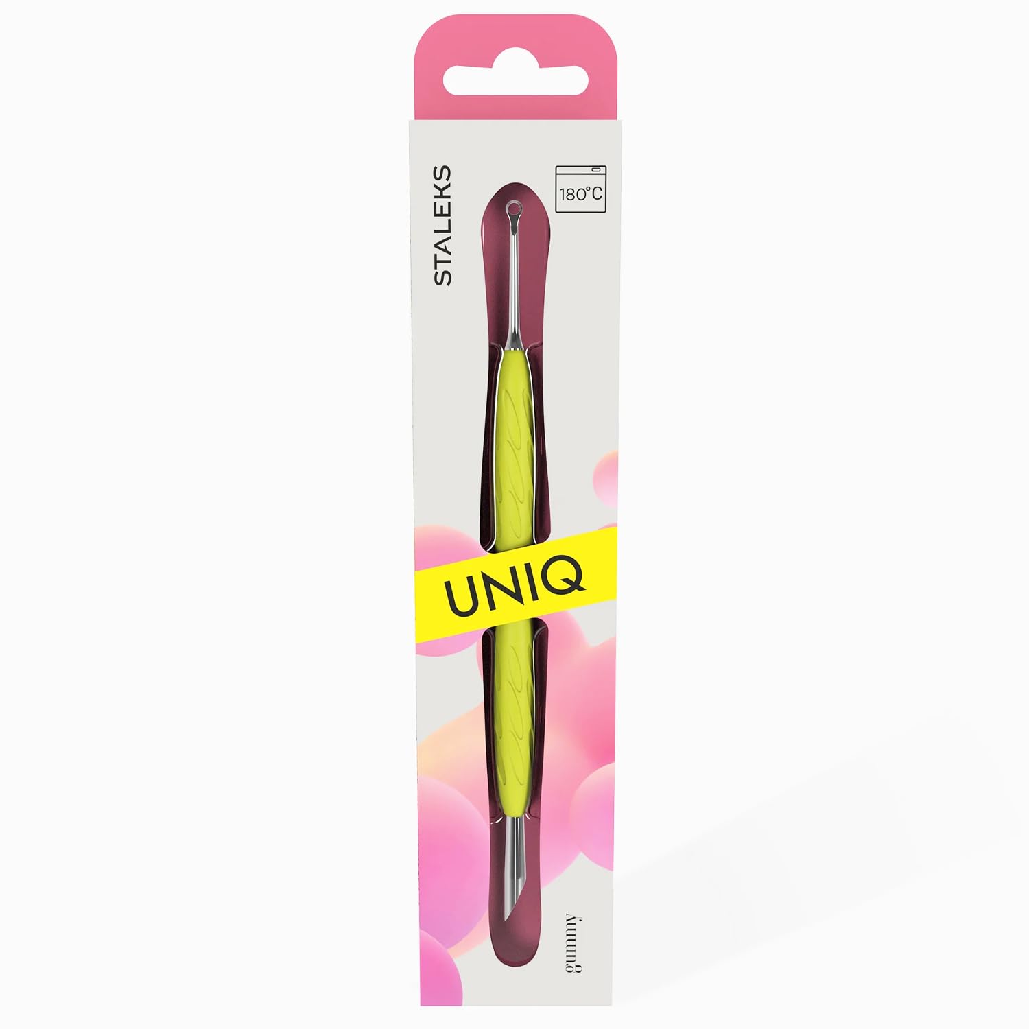 Staleks UNIQ PQ-11/2Y Spinta cuticole doppio professionale manico in silicone giallo – strumento manicure pedicure acciaio inossidabile sterilizzabile (anello + spinta obliqua)