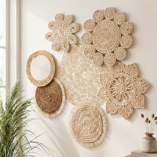 Afcabakila 7 Pcs Boho Wall Baskets, Handwoven Woven Basket Wall Decor with Rattan Design for Living Room, Bedroom & Kitchen (Khaki, 7.9-14.6 Inches)