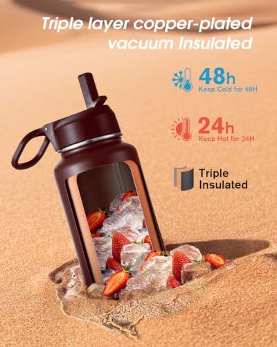 Image of Coolflask 40 oz Water Bottle Insulated with Straw & 3 Leakproof Lids