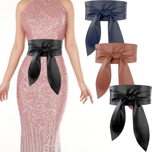 3 Pack Women Obi Belt Fashion PU Leather Wide Waistband Knotted Belt for Dress
