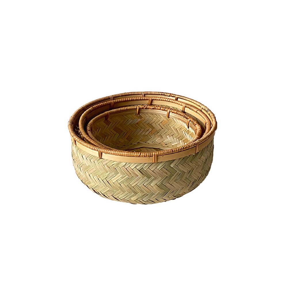 Panier de Rangement en Bambou Tressé Corbeille à Pain Panier à Fruits Rond en Rotin fait à la main Grande Capacité Panier de Stockage Tissé pour étagère Cuisine Tabletop (3pcs)
