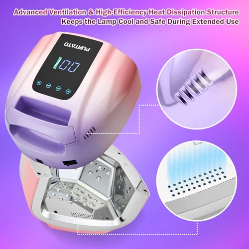 Image of PURTATO Professional Rechargeable 96W UV LED Portable Cordless UV Light for Nail Lamp Machine with Removable Stainless Steel Bottom,4 Timer Setting and Smart Sensor Nail Dryer (Purple&Pink)