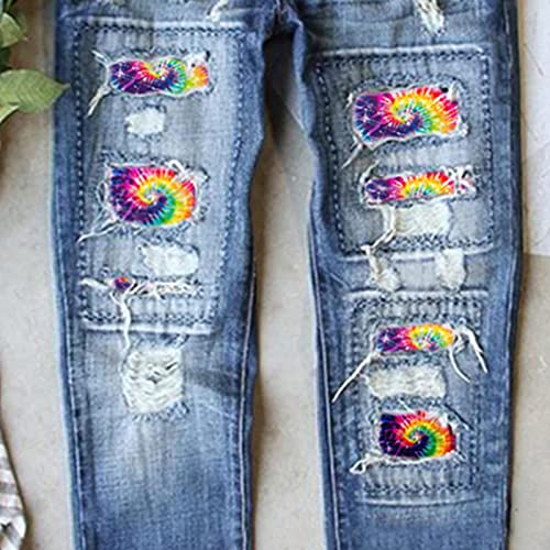 Womens Boyfriend Jeans Mid Waist Ripped Hole Colorful Tie-Dye Print Patch Straight Trousers Denim Pants3