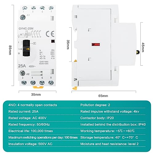 Contacteur AC domestique triphasé 4 pôles 25A rail DIN 400V DeWin