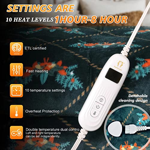 Ramesses Queen Size Electric Blanket, Double Control With 10 Heating Levels, Adjustable Timer Auto Off, Machine Washable Fast Heating Heated Blanket Throw (Green, 84×90 Queen) #TOP1