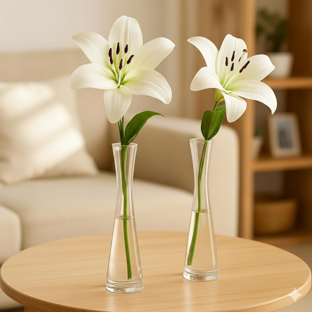 Elegant Single Stem Glass Flower Vase Set of 2 for Home Decor | Clear Decorative Bud Vases for Dining Table, Living Room, Bedroom, Office & Wedding Centerpiece (Height - 16 cm)-image-2