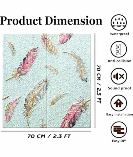 Image of KASHIVAL Self-Adhesive Waterproof PE Foam 3D Wall Panels Wallpaper Sticker for Bathroom, Living Room, Hotel and Home Decoration (70 x 70cm, Appx. 5.3Sq Feet) (JD Blue Feather)
