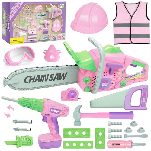 Kids Tool Set with Electric Toy Drill Toy Chainsaw Construction Tools & Safety Vest Pretend Play Pink Tools Kit for Boys and Girls Ages 3+