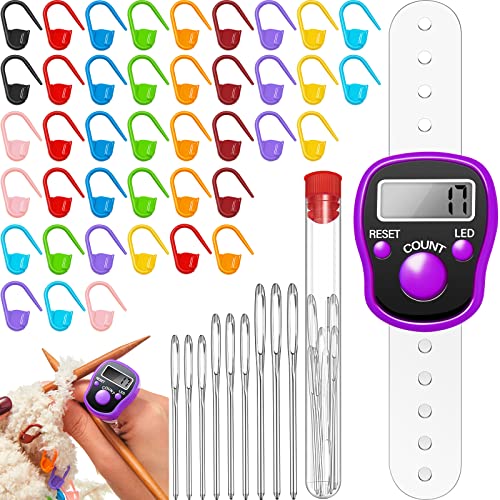 Row Counter and Crochet Stitch Marker Set Includes Electronic Stitch Row Counter Knit Counter Ring, 9 Large Eye Blunt Sewing Needle, 40 Knitting Crochet Locking Stitch Marker Colorful Needle Clip