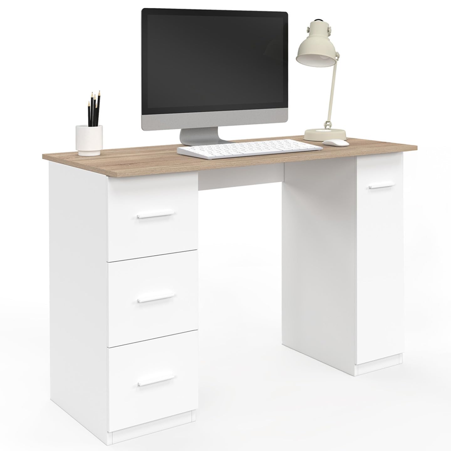 IDMarket - Bureau Droit Mae 3 tiroirs et Porte Placard Blanc et Bois