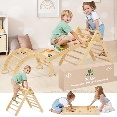FUN FOREST 7-in-1 Pikler Triangle Set, Real Wood Montessori Climbing Set, Foldable Toddler Climbing Toys Indoor, Baby Climbing Gym: Arch, Ramp, Ladder, Hocky Table