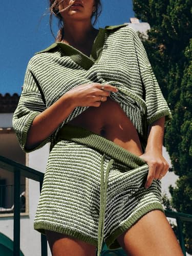 Image of Tankaneo Womens Sweater Set 2 Piece Outfits Oversized 3 /4 Sleeve V Neck Knit Tops High Waisted Shorts Lounge Sets
