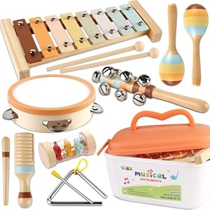 LOOIKOOS Baby Musical Instruments for Kids Montessori Music Toys for Toddlers 1-3,Neutral Colors Wooden Percussion Instruments Set with Modern Boho Xylophone for Kid Preschool Educational 3+