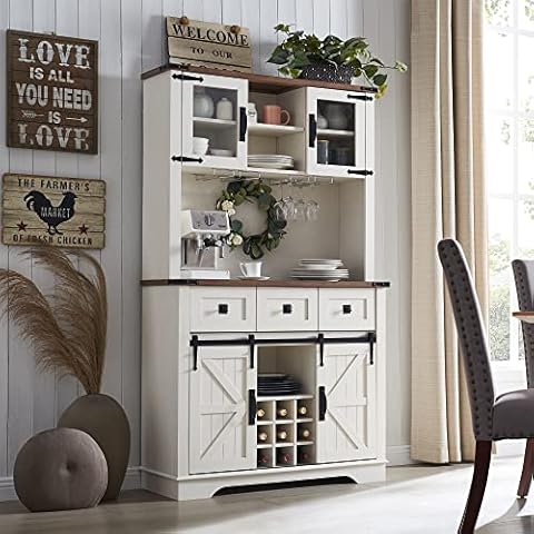 OKD 72" Farmhosue Bar Cabinet with Sliding Barn Door, Large Kitchen Buffet with Hutch w/Wine & Glasses Rack, 3 Drawers, 12 Storage Shelves, Rustic Coffee Bar Sideboard Table, Antique White Cover