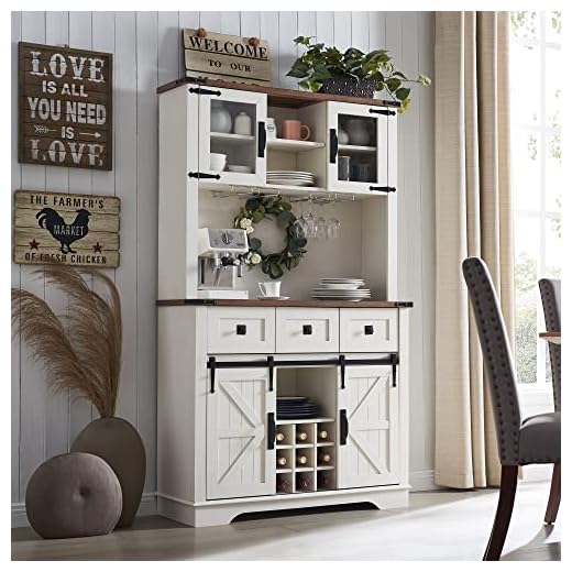 OKD Farmhouse Bar Cabinet with Sliding Barn Door, Kitchen Hutch Storage Cabinet w/Wine and Glass Rack, Drawers, Adjustable Shelves, Sideboard Buffet Pantry for Dining Room (Antique White)