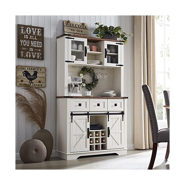 OKD Farmhouse Bar Cabinet, Kitchen Storage Cabinet w/Sliding Barn Door, Wine and Glass Rack, Drawers, Adjustable Shelves, Sideboard Buffet with Hutch Pantry Cupboard for Dining Room, Antique White