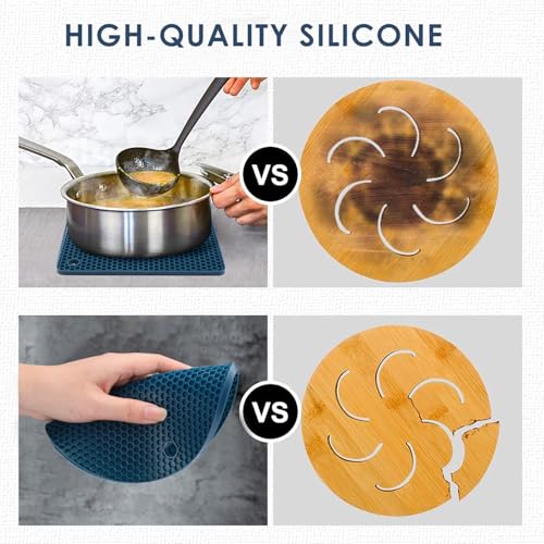 Image of Silicone Trivets for Hot Dishes, 4 PCS Multipurpose Heat Resistant Mat Thick Silicone Hot Pads Pot Holders for Kitchen Counter, Flexible Jar Opener Food Grade Spoon Holder, Indigo Coasters