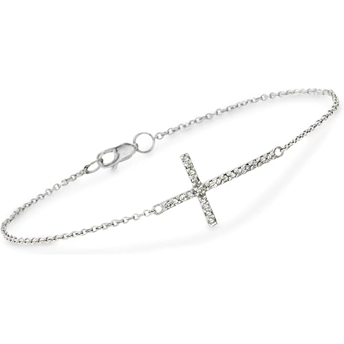 Ross-Simons Diamond-Accented Sideways Cross Bracelet in 14kt White Gold