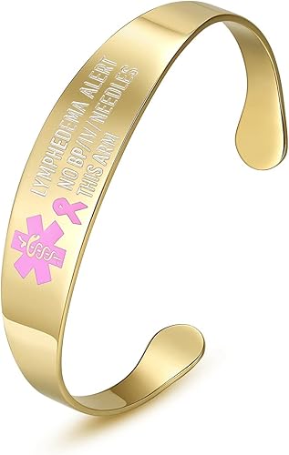 mnmoom Pulsera médica de acero inoxidable pulseras de identificación para mujeres Cinta rosa sin bp sin agujas Pulsera de alerta de linfedema