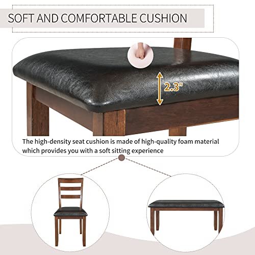 Moeo 6 Piece Kitchen Table Set, Wood Dining Faux Marble Top Diningtable With 4 Pu Cushion Chairs & Bench For Breakfast Nook, Bar, Living Room, Walnut, Black 5 #TOP3