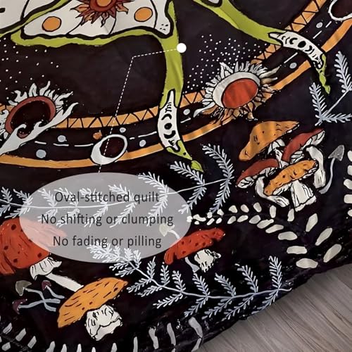 Image of Black Gothic Moth Comforter Set Full Size Boho Dead Moon Bedding Sets for Girls Boys Kids Adults Bedroom Decor Vintage Mushroom Quilt 1 Comforter 2 Pillowcases