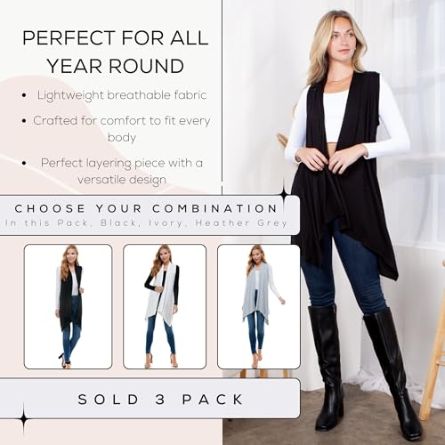 Image of Azules Sleeveless Cardigan for Women, Soft Lightweight Duster Open Front Sleeveless Long Cardigan Vest (3 Pack)