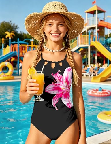 Image of KANGKANG Girls Swimsuit Quick Dry Cut Out One Piece Swimsuits with Tropical Print Cover Up Skirt Bathing Suit Swimwear 7-18Y