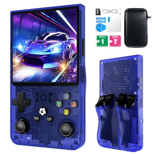 R36MAX Retro Gaming Console, Retro Handheld Games Console with 64GB TF Card, 4.0 inch IPS HD Screen Video Game Consoles, Portable Hand Held Open Source Linux System, 4000mAh Battery,Transparent Blue
