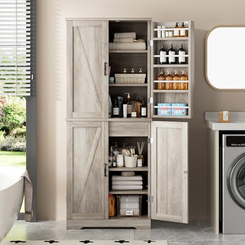 Image of Shintenchi Kitchen Pantry Cabinet, Freestanding Farmhouse Storage Cabinet with 8 Door Shelves, 2 Cabinets and 1 Drawer, Tall Cupboard for Kitchen, Living Room, Dining Room and Bathroom, Ash Gray