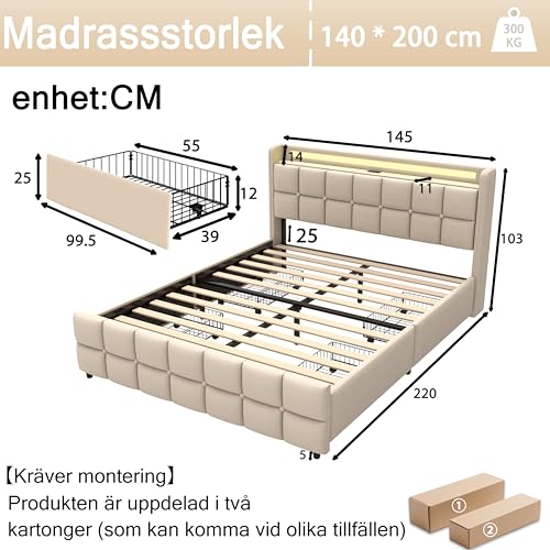 XMETPR Doppelbett mit Polster 140x200 cm, Funktionales Bettgestell mit 4 Schubladen & LED-Beleuchtung & 2 USB- & 2 AC-Ladestationen, Holzlattenrost, Leinenbezug, Plattformbett, geräuschfrei, beige