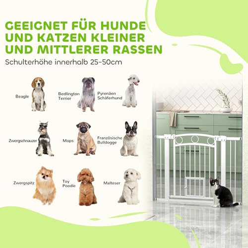 PawHut Türschutzgitter Hund, 76-104 cm Absperrgitter ohne Bohren, Treppengitter aus Stahl, Treppenschutzgitter mit Katzentür, Schutzgitter, Sicherheitsgitter für Treppen, Tür, Flur, Weiß