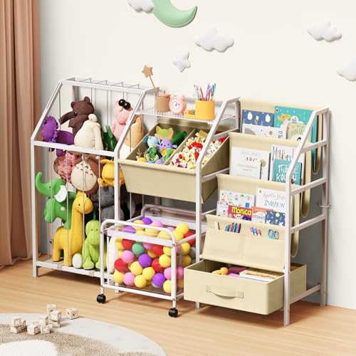 VORTULIUK Kids Bookshelf and Toy Storage, 3 Tier Sling Montessori Bookcase with Toy Organizer & Stuffed Animal Storage, Children Baby Toddler Book Shelf for Kids Rooms Nursery Bedroom Playroom, White