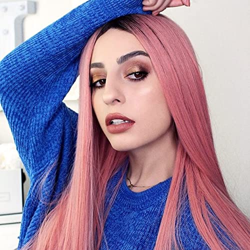Long Straight Pink Wig Synthetic Natutal Black Roots Ombre Wig Glueless Wigs for Women (22 Inch, Cosplay Pink Wig)