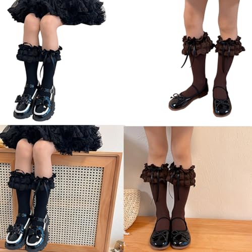 Lace Up Ribbon Bowknot Socks Cotton Midcalf Socks Girl Spring Dress Socks for Little Girls with Ruffle2