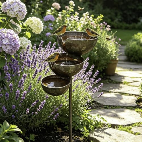 Rain Catchers For Garden Metal Gardening Stakes Bird Bath Bee Watering Station For Garden Rain Catcher Gardens Stake With 3-Tiered Water Bowls Water Feeder Ornaments For Butterfly Bee Bird