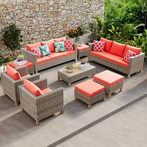 9 Pieces Patio Furniture Sets All Weather Reinforced Wicker Rattan Sectional Sofa with Metal Top Coffee Table Outdoor Furniture Conversation Set for Porch, Poolside, Garden, Backyard, Red 9 Pieces Patio Furniture Sets All Weather Reinforced Wicker Rattan Sectional Sofa with Metal Top Coffee Table Outdoor Furniture Conversation Set for Porch Poolside Garden Backyard Red