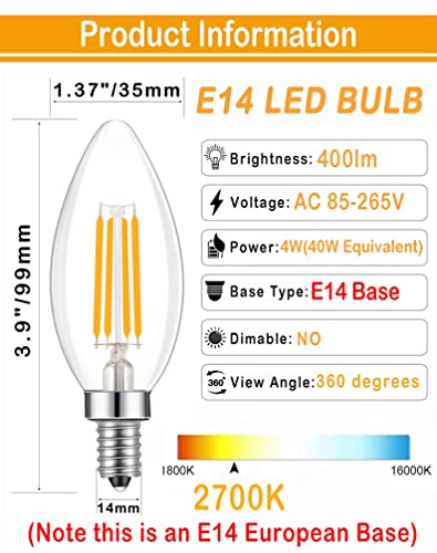Lamsky E14 Base Led Filament Candle Shape Light Bulb,E14 European Base Bulb,Warm White 2700K 400Lm 40W Equivalent,C35 Clear Glass Torpedo Shape Bullet Top,No-Dimmable (2-Pack) #TOP1
