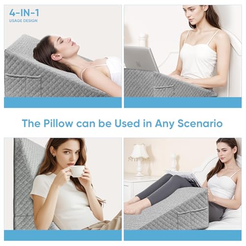 Wedge Pillow, 12 Inch Bed Wedge Pillow for Headboard, Pillow Wedge for Acid Reflux Relief, After Surgery, Sleeping,Back Pain Relief, Memory Foam Top, Darkgrey