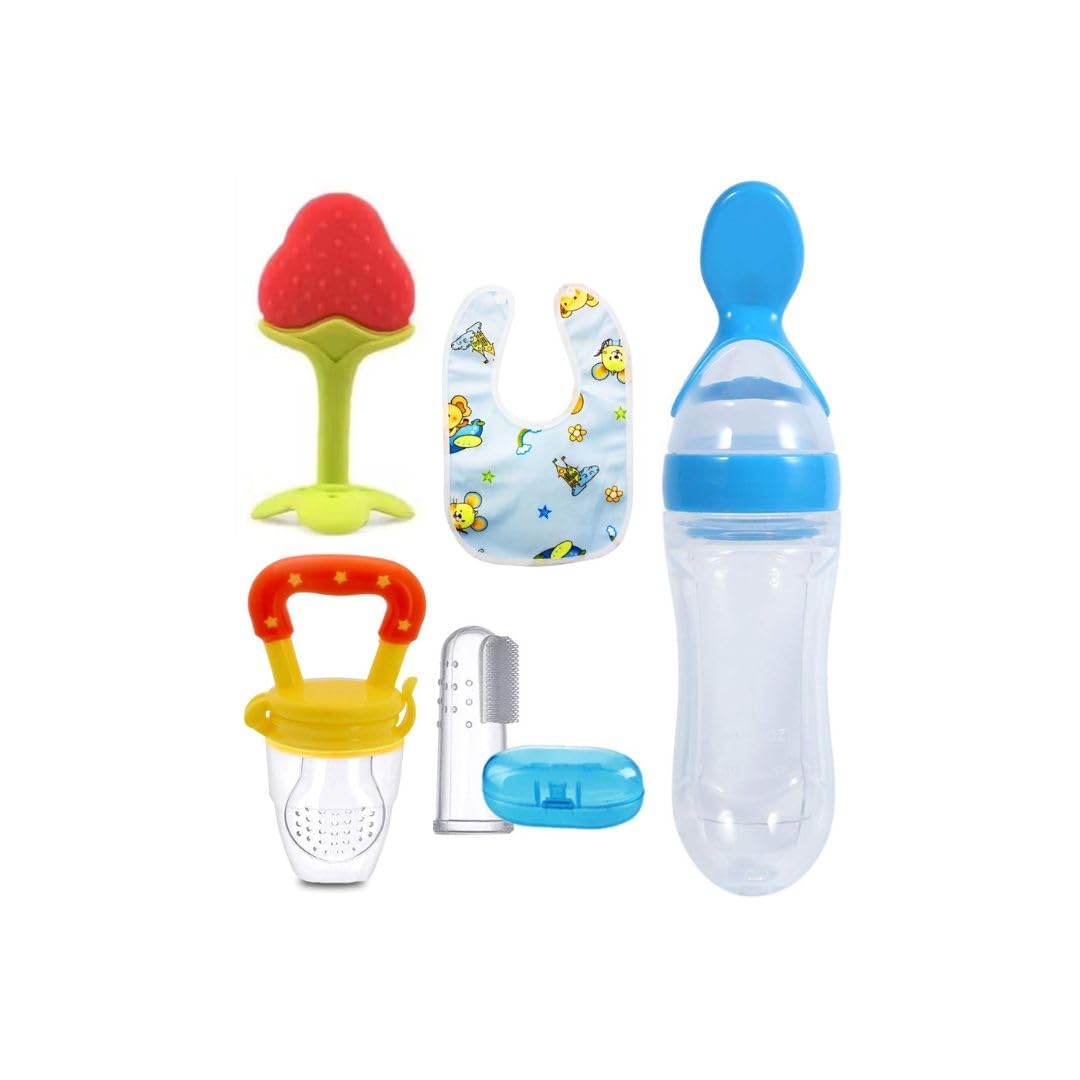 Baby Teething & Feeding Combo Kit with Fruit Shape Teether, Fresh Food Nibbler, Dental Cleaning Finger Brush, Waterproof Drool Apron and Squeeze Cereal Dispenser for Newborn Care-image-6