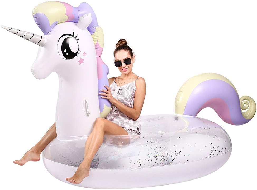 olyee Giant Inflatable Unicorn Sequin Pool Float, Inflatable Raft Swimming Pool Boat Outdoor Swimming Pool Float Summer Beach Lounger Floats for Adult and Kids-240x130x125cm