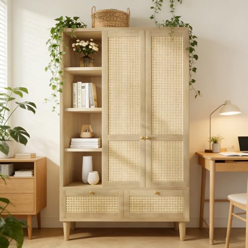 HIYYIH Armario de 2 puertas con 3 estantes, armario Wardrobe con estante abierto, mimbre trenzado, armario de dormitorio y 2 cajones, cierre antivuelco, 120 x 50 x 180 cm (D)