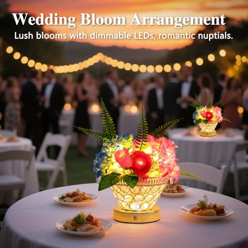 Image of Birthday Gifts for Women, Gift Basket for Mom Blue & Pink Hydrangea Rose Cordless Table Lamp, 3 Color Crystal Lamps Touch Bedside Lamps with USB Charge Small Night Light for Bedroom