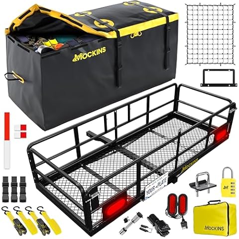 Mockins 60"x24"x14" High Rail Folding Trailer Hitch Cargo Carrier w/Rear Lights, Plate Bracket & 30 CuFt Waterproof Cargo Bag |500Lbs Cap Luggage Rack for SUV, Car & Truck w/Car Carrier Accessories Cover