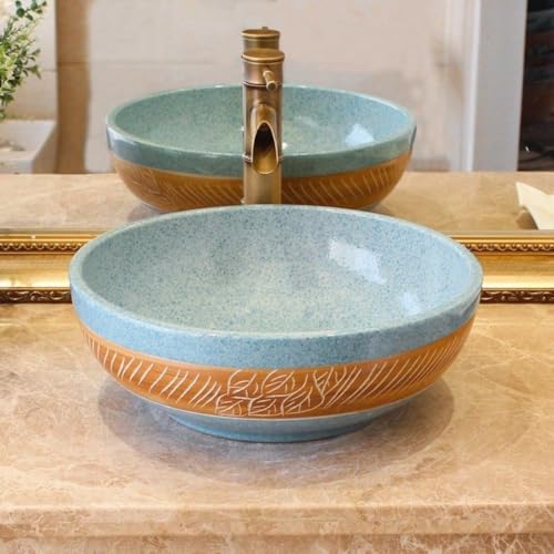 Cutdred 洗面ボウル 洗面ボール セット 手洗い器 手洗台 円形 洗面器 洗面鉢 浴室洗面台 置き型 高温焼成 陶器製 おしゃれ 高級排水金具付き (41*41*15CM,スタイル10+蛇口+下水道付属品)