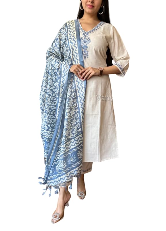 Women Khadie Cotton Embroidery Kurta with Pant and Dupatta Cream Blue